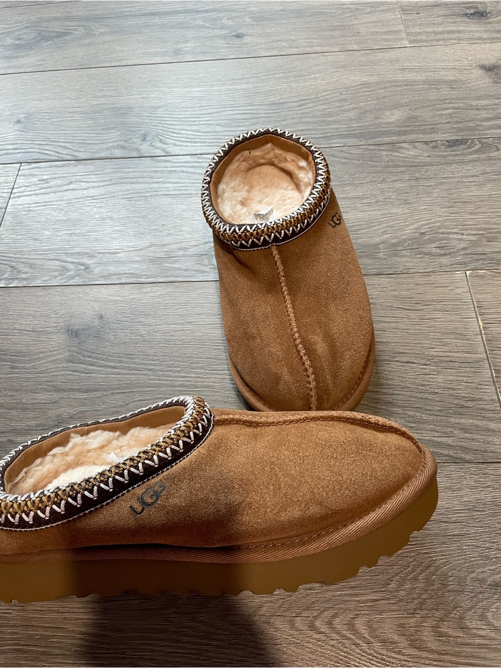 UGG Chestnut Brown Suede Shearling Cuffed Slip-On Slippers